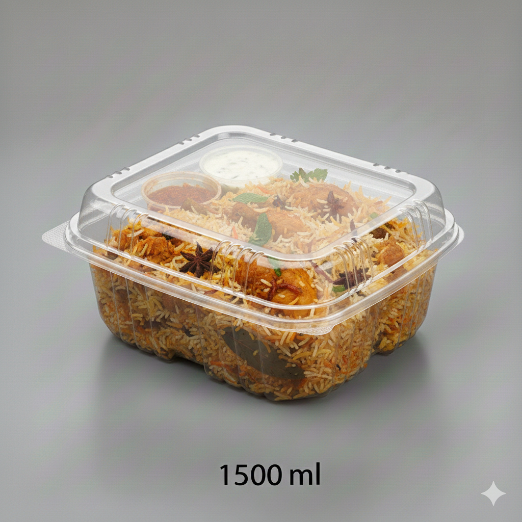 حاوية مستطيلة شفافة بغطاء مفصلي 1500 مل – عبوة 10 قطع