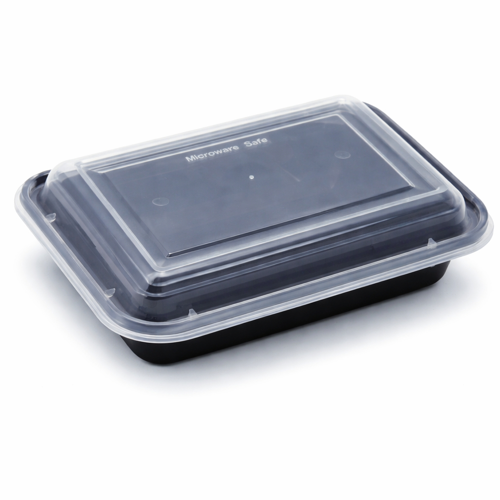 علب طعام بلاستيك بقاعدة سوداء RE-58 مع أغطية شفافة – عبوة 10 قطع | آمنة للميكروويف