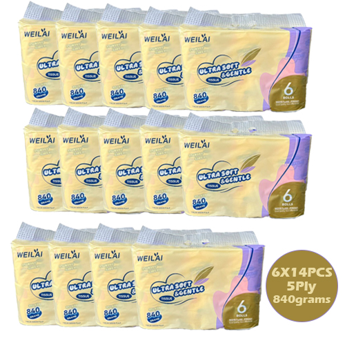 مناديل تواليت ويلاي فائقة النعومة واللطف – 840 جم | 6 لفات × 14 عبوة (كرتون) | 5 طبقات | لب خشب بكر