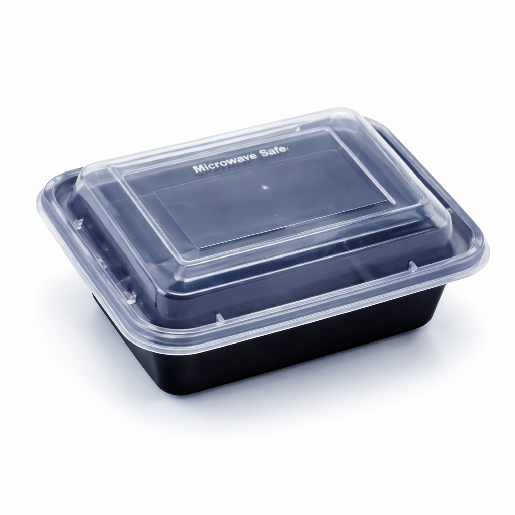 علب طعام بلاستيك بقاعدة سوداء RE-12 مع أغطية شفافة – عبوة 10 قطع | آمنة للميكروويف