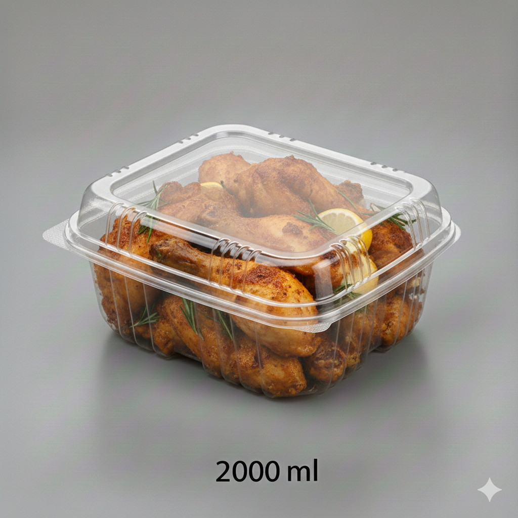 حاوية مستطيلة شفافة بغطاء مفصلي 2000 مل – عبوة 10 قطع